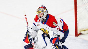 CALGARY, AB - MARCH 27: Sebastian Cossa #33 of the Edmonton Oil Kings in action against the Calgary Hitmen during a WHL game at Seven Chiefs Sportsplex on March 27, 2021 in Calgary, Alberta, Canada. (Photo by Derek Leung/Getty Images)