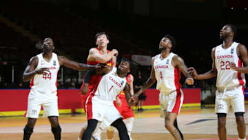 OKC Thunder wing Dort Luguentz (1), Nickeil Alexander-Walker (4) and Andrew Wiggins (22) of Team Canada FIBA Olympic Qualifying Tournament . (Photo by Mert Alper Dervis/Anadolu Agency via Getty Images)