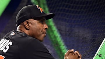 Sep 19, 2016; Miami, FL, USA; Miami Marlins hitting coach Barry Bonds (25) looks on from the batting cage prior to a game against the Washington Nationals at Marlins Park. Mandatory Credit: Steve Mitchell-USA TODAY Sports