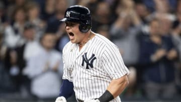 NEW YORK, NY - SEPTEMBER 20: Luke Voit #45 of the New York Yankees reacts after hitting a two run home run during the second inning of a game against the Boston Red Sox on September 20, 2018 at Yankee Stadium in the Bronx borough of New York City. (Photo by Billie Weiss/Boston Red Sox/Getty Images)