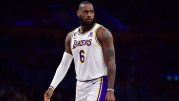 Mar 26, 2023; Los Angeles, California, USA; Los Angeles Lakers forward LeBron James (6) reacts during the first half at Crypto.com Arena. Mandatory Credit: Gary A. Vasquez-USA TODAY Sports