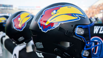 Sep 8, 2023; Lawrence, Kansas, USA; A general view of the Kansas Jayhawks helmets prior to a game against the Illinois Fighting Illini at David Booth Kansas Memorial Stadium. Mandatory Credit: Jay Biggerstaff-USA TODAY Sports