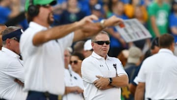 Sep 24, 2016; South Bend, IN, USA; Notre Dame Fighting Irish head coach Brian Kelly reacts on the sideline in the second quarter against the Duke Blue Devils at Notre Dame Stadium. Mandatory Credit: Matt Cashore-USA TODAY Sports