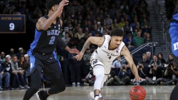 SOUTH BEND, IN - JANUARY 28: Prentiss Hubb #3 of the Notre Dame Fighting Irish goes for a loose ball against the Duke Blue Devils in the first half of the game at Purcell Pavilion on January 28, 2019 in South Bend, Indiana. Duke won 83-61. (Photo by Joe Robbins/Getty Images)