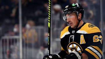 BOSTON, MASSACHUSETTS - OCTOBER 02: Brad Marchand #63 of the Boston Bruins celebrates after scoring a goal against the New York Rangers during the first period of the preseason game at TD Garden on October 02, 2021 in Boston, Massachusetts. (Photo by Maddie Meyer/Getty Images)