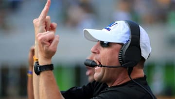 WACO, TX - OCTOBER 15: Head coach David Beaty of the Kansas Jayhawks leads his team against the Baylor Bears in the fourth quarter on October 15, 2016 in Waco, Texas. (Photo by Tom Pennington/Getty Images)