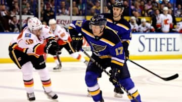 Apr 2, 2015; St. Louis, MO, USA; St. Louis Blues left wing Jaden Schwartz (17) controls the puck against the Calgary Flames during the second period at Scottrade Center. Mandatory Credit: Jasen Vinlove-USA TODAY Sports