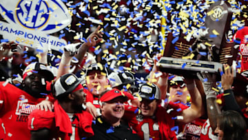 Head coach Kirby Smart and the Georgia Bulldogs celebrate after their 50-30 victory over the LSU Tigers. (Mandatory Credit: John David Mercer-USA TODAY Sports)