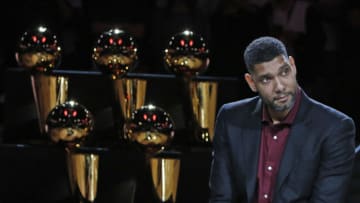 Tim Duncan listens to the speeches during the ceremony honoring and retiring of Tim Duncan number after the game against the New Orleans Pelicans (Photo by Ronald Cortes/Getty Images)