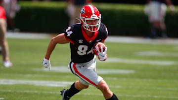 Ladd McConkey warms up prior to the G-Day spring game at Sanford Stadium. (Photo by Todd Kirkland/Getty Images)