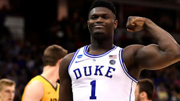COLUMBIA, SC - MARCH 22: Zion Williamson #1 of the Duke Blue Devils reacts in the second half of their game against the North Dakota State Bison during the first round of the 2019 NCAA Men's Basketball Tournament at Colonial Life Arena on March 22, 2019 in Columbia, South Carolina. (Photo by Lance King/Getty Images)