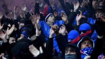 GLASGOW, SCOTLAND - DECEMBER 15: Rangers fans show their support ahead of the Cinch Scottish Premiership match between Rangers FC and Hibernian FC at on December 15, 2022 in Glasgow, Scotland. (Photo by Mark Runnacles/Getty Images)