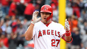 ANAHEIM, CA - MAY 26: Mike Trout #27 of the Los Angeles Angels of Anaheim on second after hitting a RBI double in the seventh inning of the game against the Texas Rangers at Angel Stadium of Anaheim on May 26, 2019 in Anaheim, California. (Photo by Jayne Kamin-Oncea/Getty Images)