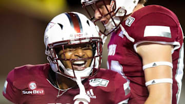 Auburn footballTroy wide receiver Kaylon Geiger (1) celebrates his touchdown against South Alabama at Veterans Memorial Stadium on the Troy campus campus in Troy, Ala., on Wednesday October 16, 2019.Troy53