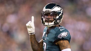 Oct 16, 2022; Philadelphia, Pennsylvania, USA; Philadelphia Eagles cornerback Darius Slay (2) reacts against the Dallas Cowboys during the second quarter at Lincoln Financial Field. Mandatory Credit: Bill Streicher-USA TODAY Sports