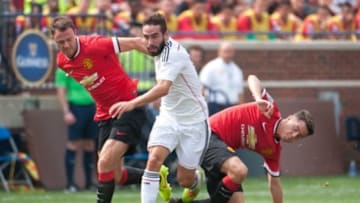 Aug 2, 2014; Ann Arbor, MI, USA; Real Madrid defender Daniel Carvajal (15) chases the ball during the first half against the Manchester United at Michigan Stadium. Mandatory Credit: Tim Fuller-USA TODAY Sports