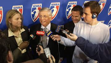 CHICAGO - FEBRUARY 8: National Basketball Association Commissioner David Stern speaks to the media about the new WNBA Chicago Expansion Team during the WNBA press conference at the UIC Pavillion on February 8, 2005 in Chicago, Illinois. NOTE TO USER: User expressly acknowledges and agrees that, by downloading and/or using this Photograph, User is consenting to the terms and conditions of the Getty Images License Agreement. Mandatory copyright notice: Copyright 2005 NBAE (Photo by Randy Belice/NBAE via Getty Images)