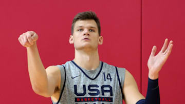 LAS VEGAS, NEVADA - AUGUST 06: Walker Kessler #14 of the 2023 USA Basketball Men’s National Team watches his shot at a practice session during the team's training camp at the Mendenhall Center at UNLV as the team gets ready for the FIBA Men’s Basketball World Cup on August 06, 2023 in Las Vegas, Nevada. (Photo by Ethan Miller/Getty Images)