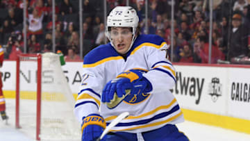 Mar 18, 2022; Calgary, Alberta, CAN; Buffalo Sabres forward Tage Thompson (72) scores against the Calgary Flames in overtime at Scotiabank Saddledome. Sabres won 1-0. Mandatory Credit: Candice Ward-USA TODAY Sports