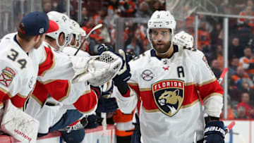 PHILADELPHIA, PA - OCTOBER 16: Aaron Ekblad #5 of the Florida Panthers celebrates a third period goal against the Phiadelphia Flyers with his teammates on the bench on October 16, 2018 at the Wells Fargo Center in Philadelphia, Pennsylvania. (Photo by Len Redkoles/NHLI via Getty Images)