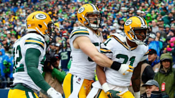 SEATTLE, WA - JANUARY 18: Ha Ha Clinton-Dix #21 and Clay Matthews #52 of the Green Bay Packers celebrate against the Seattle Seahawks during the 2015 NFC Championship game at CenturyLink Field on January 18, 2015 in Seattle, Washington. (Photo by Kevin C. Cox/Getty Images)