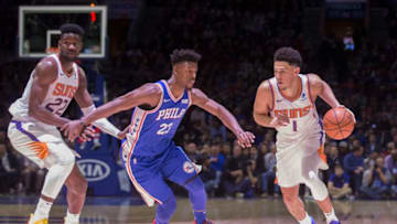 Deandre Ayton, Jimmy Butler, Devin Booker, Phoenix Suns (Photo by Mitchell Leff/Getty Images)