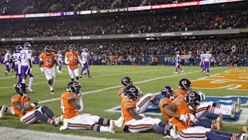 CHICAGO, IL - NOVEMBER 18: Members of the Chicago Bears offense, led by Anthony Miller #17 (R) celebrate Millers' touchdown catch against the Minnesota Vikings at Soldier Field on November 18, 2018 in Chicago, Illinois. The Bears defeated the Vikings 25-20. (Photo by Jonathan Daniel/Getty Images)
