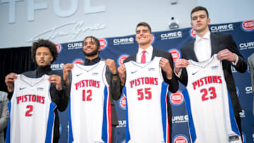 Detroit Pistons draft picks Cade Cunningham, Isaiah Livers, Luka Garza and Balsa Koprivica. (Photo by Nic Antaya/Getty Images)