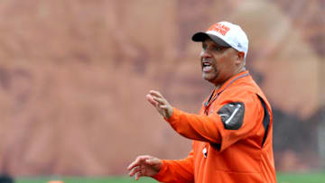 BEREA, OH - APRIL 21, 2016: Head coach Hue Jackson of the Cleveland Browns yells out instructions during a voluntary mini camp on April 21, 2016 at the Cleveland Browns training facility in Berea, Ohio. (Photo by Nick Cammett/Diamond Images/Getty Images)