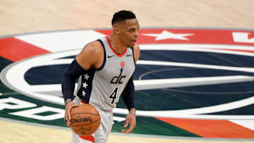 WASHINGTON, DC - JANUARY 31: Russell Westbrook #4 of the Washington Wizards dribbles against the Brooklyn Nets during the second half at Capital One Arena on January 31, 2021 in Washington, DC. NOTE TO USER: User expressly acknowledges and agrees that, by downloading and or using this photograph, User is consenting to the terms and conditions of the Getty Images License Agreement. (Photo by Will Newton/Getty Images)