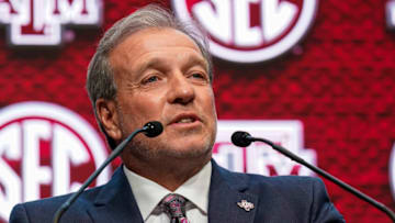 Jul 21, 2022; Atlanta, GA, USA; Texas A&M head coach Jimbo Fisher shown on the stage during SEC Media Days at the College Football Hall of Fame. Mandatory Credit: Dale Zanine-USA TODAY Sports