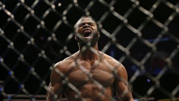 Jul 30, 2016; Atlanta, GA, USA; Tyron Woodley reacts after knocking out Robbie Lawler (not shown) in the first round for the world welterweight championship during UFC 201 at Phillips Arena. Mandatory Credit: Butch Dill-USA TODAY Sports