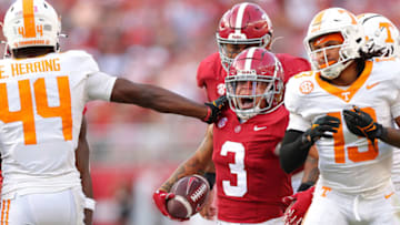 TUSCALOOSA, ALABAMA - OCTOBER 21: Jermaine Burton #3 of the Alabama Crimson Tide reacts after a reception against the Tennessee Volunteers during the third quarter at Bryant-Denny Stadium on October 21, 2023 in Tuscaloosa, Alabama. (Photo by Kevin C. Cox/Getty Images)