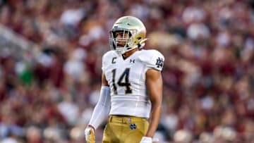 TALLAHASSEE, FL - SEPTEMBER 5: Safety Kyle Hamilton #14 of the Notre Dame Fighting Irish during the game against the Florida State Seminoles at Doak Campbell Stadium on Bobby Bowden Field on September 5, 2021 in Tallahassee, Florida. The Fighting Irish defeated the Seminoles 41 to 38 OT. (Photo by Don Juan Moore/Getty Images)