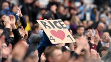 Detailed view of a placard relating to Declan Rice of West Ham United. (Photo by Justin Setterfield/Getty Images)