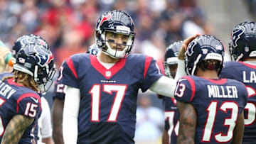 Aug 28, 2016; Houston, TX, USA; Houston Texans quarterback Brock Osweiler (17) talks with wide receiver Braxton Miller (13) during a game against the Arizona Cardinals at NRG Stadium. Mandatory Credit: Troy Taormina-USA TODAY Sports