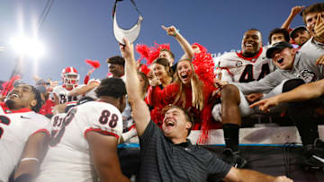 Oct 30, 2021; Jacksonville, Florida, USA; Georgia Bulldogs head coach Kirby Smart celebrates after defeating the Florida Gators at TIAA Bank Field. Mandatory Credit: Nathan Ray Seebeck-USA TODAY Sports