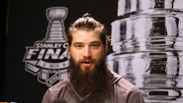 May 29, 2016; Pittsburgh, PA, USA; San Jose Sharks defenseman Brent Burns (88) answers questions during media day a day prior to game one of the 2016 Stanley Cup Final at the CONSOL Energy Center. Mandatory Credit: Charles LeClaire-USA TODAY Sports