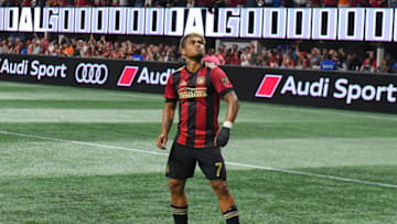 ATLANTA, GA MAY 20: Atlanta's Josef Martinez (7) strikes a pose after scoring a goal during the match between Atlanta United and New York Red Bulls on May 20, 2018 at Mercedes-Benz Stadium in Atlanta, GA. The New York Red Bulls defeated Atlanta United FC 3 1. (Photo by Rich von Biberstein/Icon Sportswire via Getty Images)