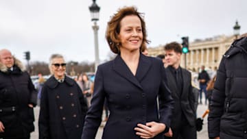 PARIS, FRANCE - FEBRUARY 25: Sigourney Weaver wears a navy blue blazer jacket, outside Dior, during Paris Fashion Week - Womenswear Fall/Winter 2020/2021, on February 25, 2020 in Paris, France. (Photo by Edward Berthelot/Getty Images)