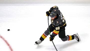 Nate Schmidt #88 of the Vegas Golden Knights takes a slapshot during warmups prior to Game Five of the Western Conference Final against the Dallas Stars. (Photo by Bruce Bennett/Getty Images)