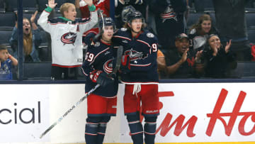 Sep 24, 2023; Columbus, Ohio, USA; Columbus Blue Jackets right wing Jordan Dumais (69) celebrates his goal in overtime against the Pittsburgh Penguins at Nationwide Arena. Mandatory Credit: Russell LaBounty-USA TODAY Sports