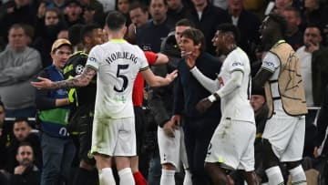 Tottenham Hotspur's Italian head coach Antonio Conte (C) reacts after being shown a red card by Dutch referee Danny Makkelie (obscured) after a disallowed goal in the closing minutes of the UEFA Champions League group D football match between Tottenham Hotspur and Sporting Lisbon at the Tottenham Hotspur Stadium in London, on October 26, 2022. (Photo by Ben Stansall / AFP) (Photo by BEN STANSALL/AFP via Getty Images)