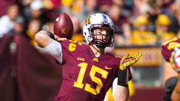 MINNEAPOLIS, MN - SEPTEMBER 30: Minnesota Golden Gophers quarterback Conor Rhoda (15) throws a pass during the Big Ten Conference game between the Maryland Terrapins and the Minnesota Golden Gophers on September 30, 2017 at TCF Bank Stadium in Minneapolis, Minnesota. Maryland defeated Minnesota 31-24. (Photo by David Berding/Icon Sportswire via Getty Images)
