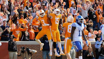 Nov 12, 2016; Knoxville, TN, USA; Tennessee Volunteers wide receiver Josh Malone (3) and wide receiver Jauan Jennings (15) celebrate after Malone scored a touchdown against the Kentucky Wildcats during the third quarter at Neyland Stadium. Mandatory Credit: Randy Sartin-USA TODAY Sports