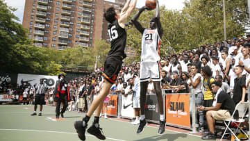 Makur Maker #21 of Team Jimma shoots over Chet Holmgren #15 of Team Zion during the SLAM Summer Classic 2019 (Photo by Michael Reaves/Getty Images)