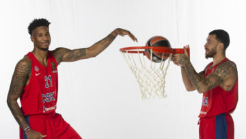 MOSCOW, RUSSIA - SEPTEMBER 26: Will Clyburn, #21 and Mike James, #5 poses during the CSKA Moscow - 2019/2020 Turkish Airlines EuroLeague Media Day at USH CSKA on September 26, 2019 in Moscow, Russia. (Photo by Mikhail Serbin/Euroleague Basketball via Getty Images)
