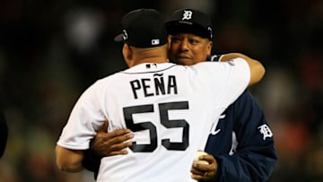 DETROIT, MI - OCTOBER 16: Brayan Pena #55 of the Detroit Tigers embraces former Tiger Lou Whitaker during pre-race ceremonies for Game Four of the American League Championship Series against the Boston Red Sox at Comerica Park on October 16, 2013 in Detroit, Michigan. (Photo by Jamie Squire/Getty Images)