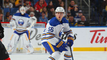 BUFFALO, NY - APRIL 4: Rasmus Ristolainen #55 of the Buffalo Sabres defends during an NHL game against the Ottawa Senators on April 4, 2018 at KeyBank Center in Buffalo, New York. (Photo by Bill Wippert/NHLI via Getty Images) *** Local Caption *** Rasmus Ristolainen