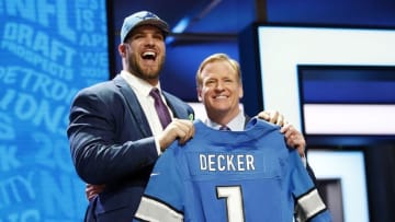 Apr 28, 2016; Chicago, IL, USA; Taylor Decker (Ohio State) with NFL commissioner Roger Goodell after being selected by the Detroit Lions as the number sixteen overall pick in the first round of the 2016 NFL Draft at Auditorium Theatre. Mandatory Credit: Kamil Krzaczynski-USA TODAY Sports